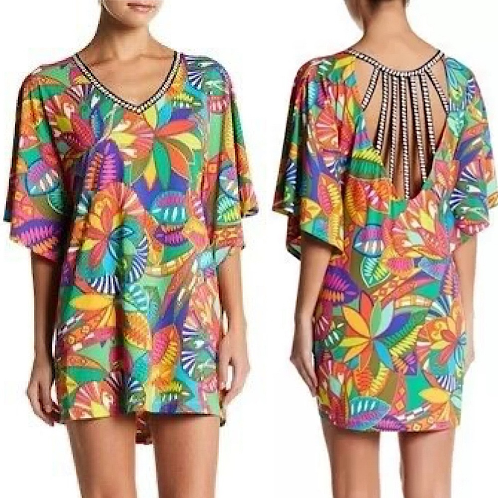 Trina Turk Montezuma Beach Coverup Tunic Dress M Boho Floral Print Cut Out Back - Picture 6 of 16